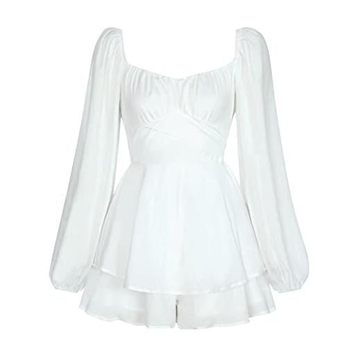 Odizli tuta da donna, corta, sexy, elegante, a maniche lunghe, bohémien, con fiori, mini abito da festa, bianco, s