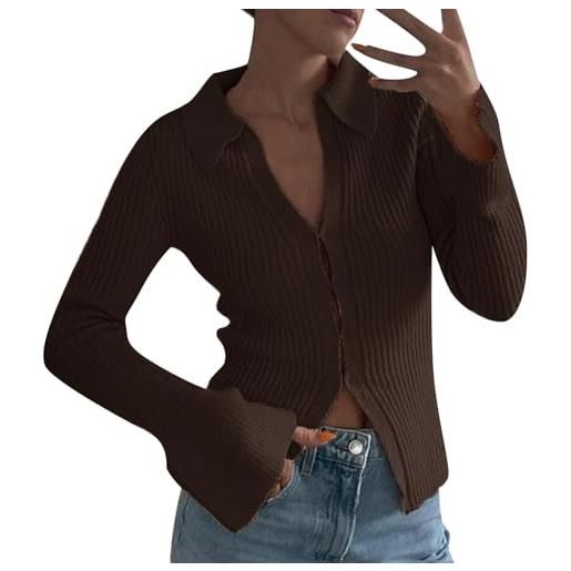 Generico maglioncini donna autunnali maglione donna lana cardigan maglione da donna a maniche lunghe top con maniche svasate maglia lurex donna maglione donna invernale caldo (coffee, m)