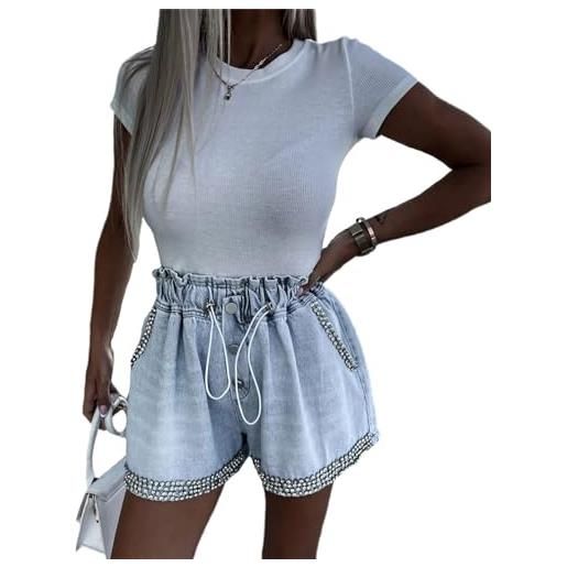 Agiyenna jeans estivi da donna pantaloni bermuda in denim elasticizzato pantaloni corti larghi con coulisse in strass pantaloni a vita alta con tasche pantaloncini pantaloncini jeans casual