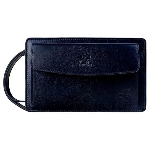 Time Resistance pochette uomo fatta a mano in italia da esperti artigiani - pratica pochette uomo da polso con cinturino rimovibile - borsello a mano con tasca per smartphone (blu)