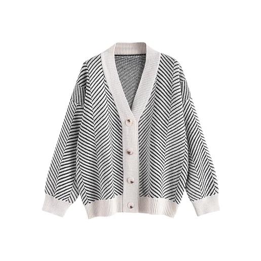 ZAFUL cardigan a righe oversize, largo, comodo, da donna, elegante, bottone, a maniche lunghe, con scollo a v, per autunno e inverno, bianco caldo+nero, taglia unica
