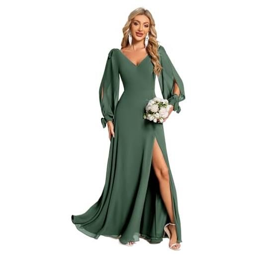 Ever-Pretty abito da damigella scollo a v manica lunga stile impero chiffon lunghezza del piano con spacco da donna champagne 42