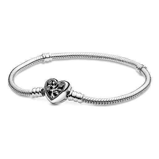 PANDORA braccialetto con albero e scritta family in maglia snake e chiusura a forma di cuore, 19