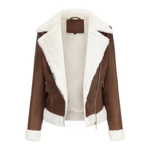 DLLDLGG giacca in similpelle da donna con fodera in pelliccia sintetica, caldo cappotto invernale da motociclista, giacca in pelle da donna(coffee, l)