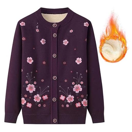 BPKKLLSU cardigan lavorato a maglia di mezza età e anziano, girocollo, spesso, foderato in pile, da nonna, con stampa floreale, da mamma, caldo, cappotto, giacca, primavera, autunno, viola, taglia l