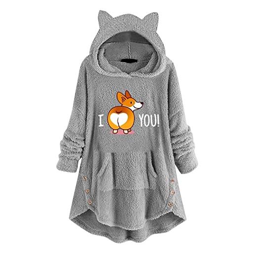 Generic felpa con cappuccio in pile da donna con cappuccio e orecchie di gatto, bottone, stampa carina, maniche lunghe, maglione, camicetta dimensione danza felpa (grey, m)