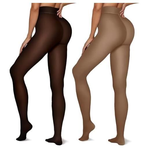 Vertvie collant termici donna invernali elasticizzati collant donna effetto trasparente foderati in pile traslucidi vita alta comodi collant felpati donna leggings(2pz nero+caffè, s/m, 220g)