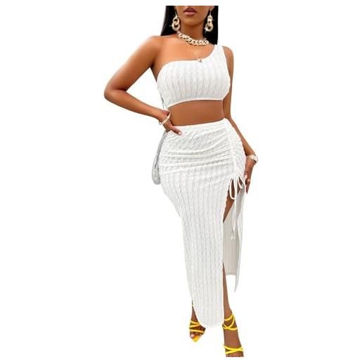 iSpchen vestito estivo da donna, casuale 2024 colore solido, elegante abito, stile lungo diviso, bianco, s