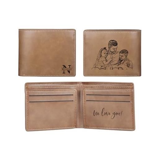 kaululu portafoglio personalizzato uomo portafoglio foto con incisione nome portafoglio pelle porta carte di credito per papà marito regalo personalizzato natale (marrone-3)
