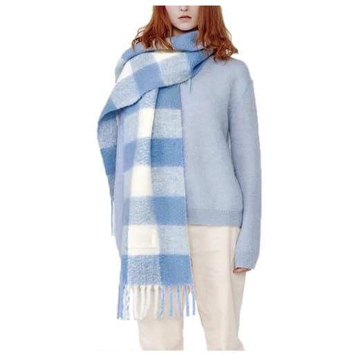 OUNIYA grande sciarpa scozzese spessa a quadri colorati sciarpe oversize morbida grande lana di cashmere spessa inverno coperta calda da donna, marrone e blu. , large