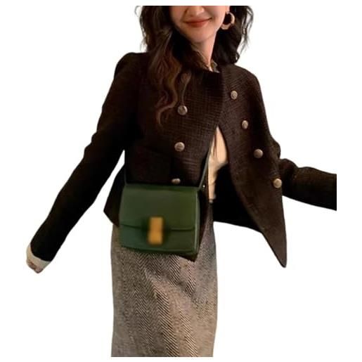 Hecatombic vintage da donna elegante tweed short top vintage piccola giacca in tweed aromatico manica lunga doppio petto giacca corta cappotto (nero, m)