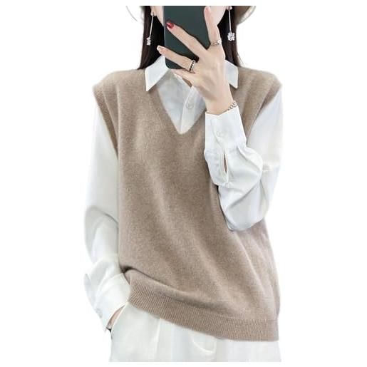 Ailaile maglione da donna con scollo a v, in 100% lana merino, leggero, senza maniche, gilet di base, top corti, beige, 3xl