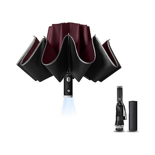 HUAMu ombrello da viaggio, compatto, con luce led, antivento, design pieghevole al contrario, aumenta e ispessisce la superficie dell'ombrello, grande apertura e chiusura automatica, robusto portatile e