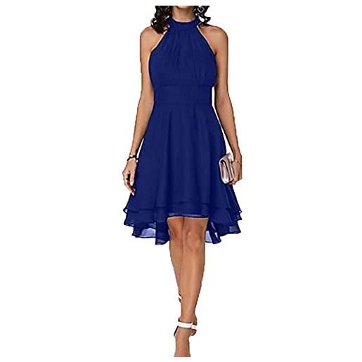 LaiYuTing abito estivo donna abito elegante a strati a vita alta con scollo all'americana abito longuette senza maniche in chiffon tinta unita vestito midi slim da festa, blue, l