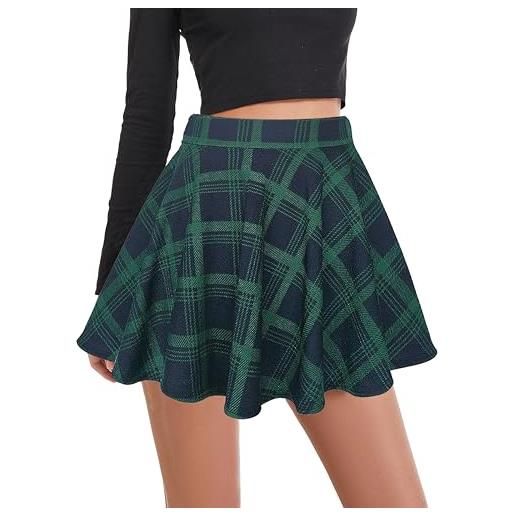 Yanhalo minigonna svasata da donna, a quadri, lunghezza sopra il ginocchio, morbida gonna elasticizzata con stampa tartan, verde, l