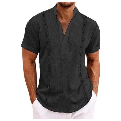 generic camicia estiva da uomo, in cotone/lino, a maniche corte, casual, abbigliamento estivo leggero da spiaggia, con colletto alto, per sport all'aria aperta, traspirante, da allenamento, nero , xl