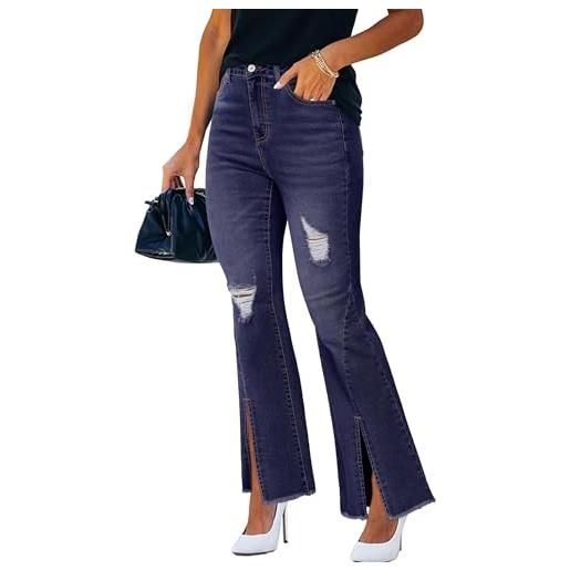 STARBILD jeans strappati a zampa vita alta gamba larga, donna pantaloni svasati in denim leggings con fori, jeans a campana - blu scuro xl