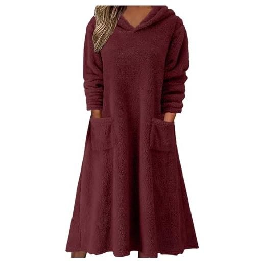Lemoiitea abito da donna in pile alla moda tinta unita a maniche lunghe con cappuccio con tasche casual ampio abito lungo invernale ispessito e caldo abito da donna abito da salotto, cachi, m