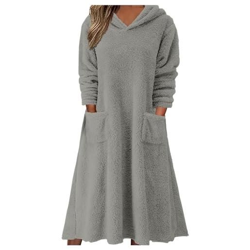 Lemoiitea abito da donna in pile alla moda tinta unita a maniche lunghe con cappuccio con tasche casual ampio abito lungo invernale ispessito e caldo abito da donna abito da salotto, vino, xxl