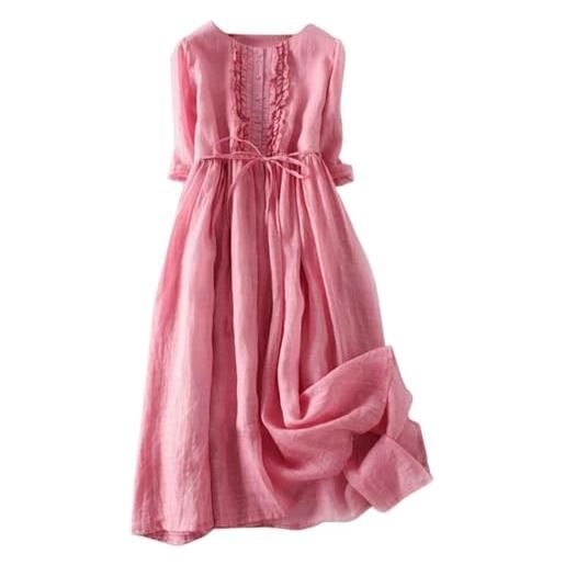 Ydsxlp abito estivo da donna, casual, lunghezza al ginocchio, in lino, estivo, con fiori, per feste, stile vintage, girocollo, a maniche corte, per il tempo libero, j blu navy, l