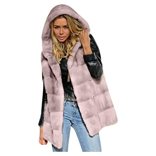 TRIGLICOLEUM gilet lungo in pelliccia sintetica da donna, elegante, trapuntato, con cappuccio, senza maniche, giacca invernale spessa e calda, in pelliccia sintetica, colore: rosa. , 3xl