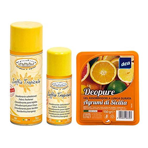 HygienFresh tintolav- HygienFresh spray soffio tropicale set deodorante salva tessuti 400ml + 150ml, più gel assorbi odori a lunga durata profumazione assortita 150 g