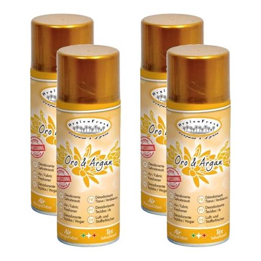 FEI FAN hygienfresh deodorante spray 400ml salvatessuti con formula mangiaodori in 13 fragranze intense a lunga durata, elimina cattivi odori, utilizzabile su tutti i tessuti (oro & argan, 4 unità)
