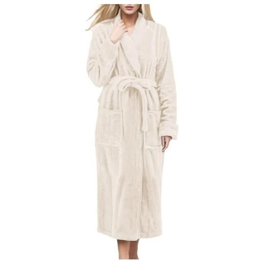 Generic vestaglia lunga in pile da donna, invernale con tasche e cintura, calda e comoda, tinta unita, abbigliamento da notte, beige, l