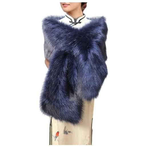 Inzegao scialle da donna in finta pelliccia, per cocktail e tea party, abito da sera peloso invernale caldo stole coprispalle, blu navy, medium