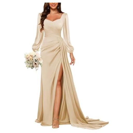 HPPEE abito da damigella d'onore a maniche lunghe da donna con spacco plissettato a sirena in raso abito da ballo formale, champagne, 50