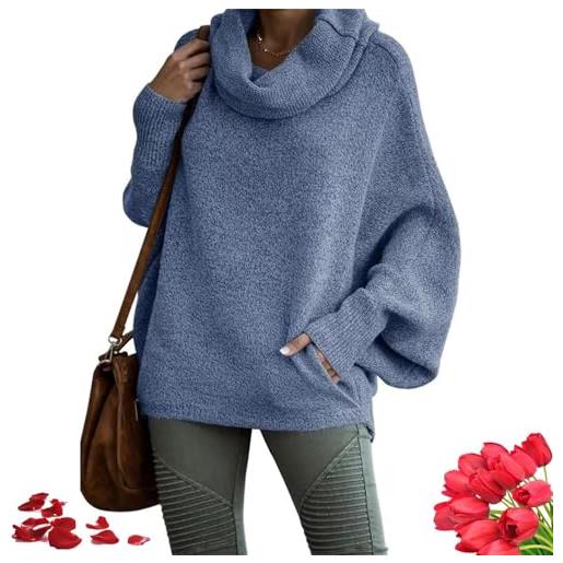 KIKIATA maglione da donna con collo ad anello e tasche, a collo alto, a pipistrello, maniche lunghe, casual, vestibilità larga, autunno inverno (blu, l)