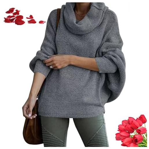 KIKIATA maglione da donna con collo ad anello e tasche, a collo alto, a pipistrello, maniche lunghe, casual, vestibilità larga, per autunno inverno (grigio scuro)