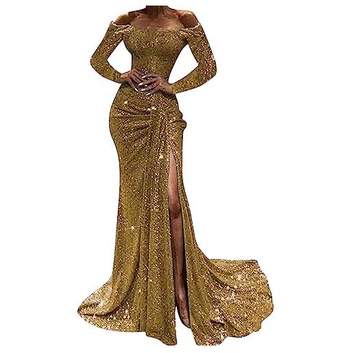 Generic abito da sera da donna, in tulle nero, con paillettes, con scollo a v, a maniche lunghe, a vita alta, con increspature sul lato, lunghezza del pavimento, elegante maxi abito da festa, x-oro, s