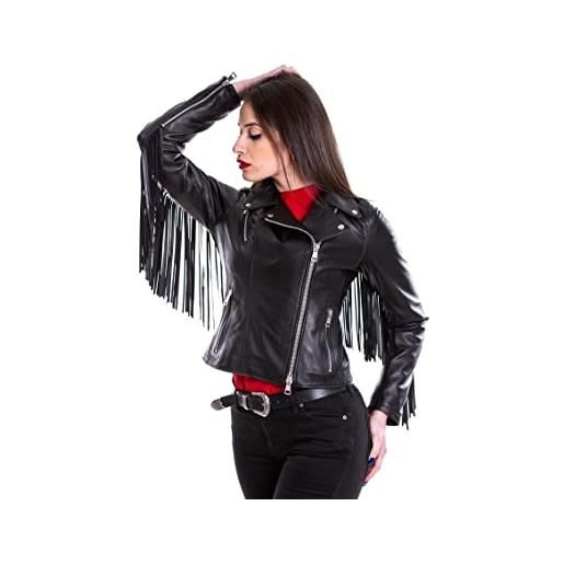 Borghese - Pelletteria Artigianale pelletterie borghese | chiodo in pelle nero donna | biker | giubbotto moto | giacca in pelle | vera pelle | frangia | made in italy | a196f (42, nero)