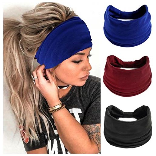 Bufenia, fasce larghe per capelli da donna in stile bohémien, fascia leopardata fascia per capelli, turbante da yoga, fascia elastica floreale, sciarpa da testa, avvolgente, confezione da 3 pezzi (b)