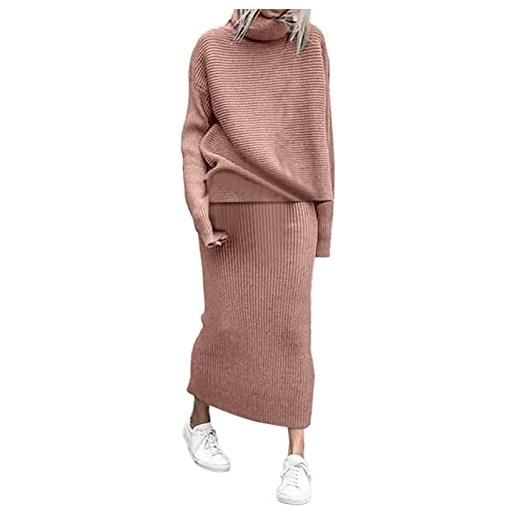 Generic abito invernale da donna a collo alto, lavorato a maglia, in lana, a maniche lunghe, casual, maxi taglie forti, morbido orlo svasato, 2 pezzi, per tutti i giorni, vacanze, viaggi, rosa, xl