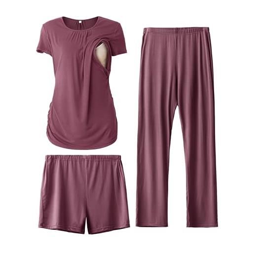 SUNNYBUY pigiama premaman per donna 3 pezzi - maglietta allattamento a maniche corte, pantaloncini e pantaloni premaman, grigio&righe m