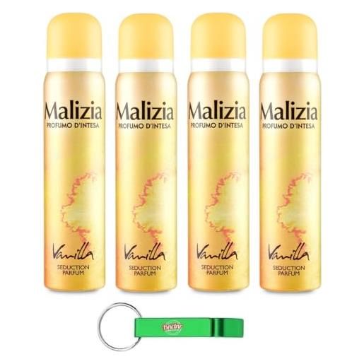 Beni Culinari 4 deodorante malizia donna vanilla seduction profumo, deodorante spray da donna, 100 ml + portachiavi Beni Culinari