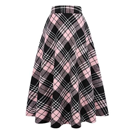 Ylingjun gonna lunga in lana scozzese per donna inverno autunno caldo alto elastico in vita una linea svasata plissettata in lana tartan gonne, rosa 02. , s