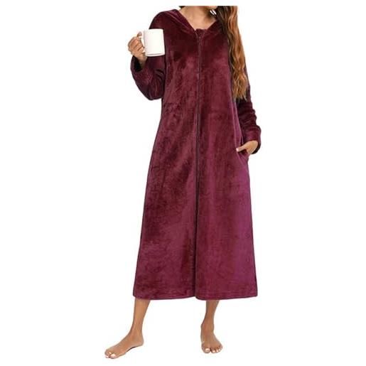 Riou Vestaglia Corta Da Donna In Pile Con Cappuccio E Cintura. Morbida E Calda, Perfetta Per L'inverno. Scollo A V, Maniche Lunghe.