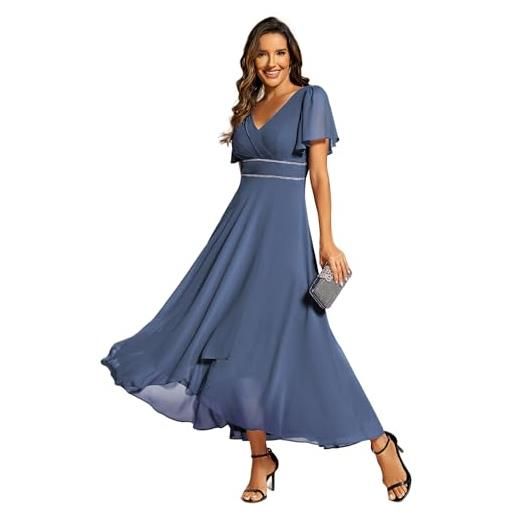 Ever-Pretty vestito donna elegante lunghe e scollo a v manica corta vestito da cerimonia abito estivo chiffon blu navy 54