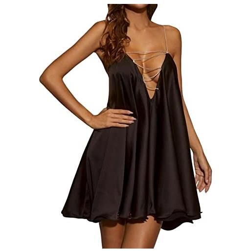 Generic primavera ed estate europea e americana sexy grande altalena sottile scollo a v con strass cravatta abito in raso nuovo ganci per pellicce