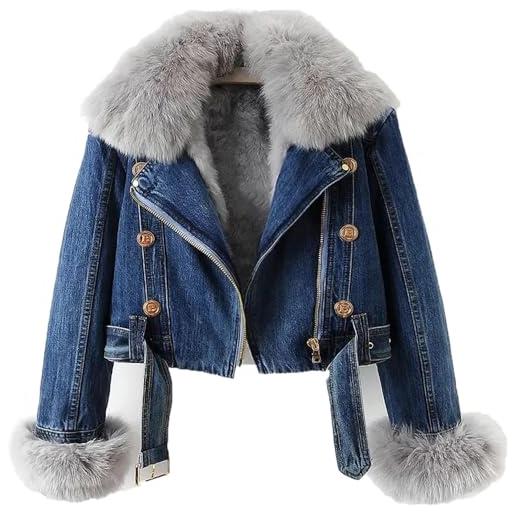 Goolecrimp giacca di denim da donna moda tendenza risvolto caldo peluche fodera giacca di denim elegante casual ispessito peloso inverno giacca larga (azzurro, s)