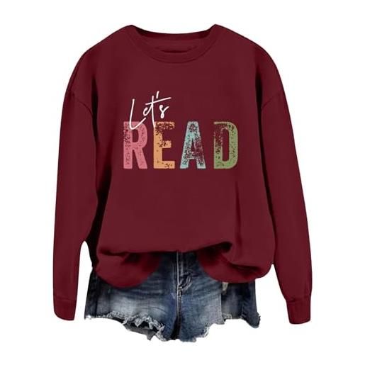 Generic felpa con libro di lettura da donna let's read, maglietta grafica a maniche lunghe, girocollo, maglione insegnante/biblioteca con motivo worm di libri pulli ragazza adolescente, brick rosso, s