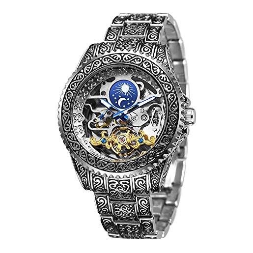 Orologio Meccanico Automatico Alla Moda Per Uomo Caseno Con Vetro Blu Tinto, Visione Notturna, Funzioni Multiple E Cinturino In Acciaio | SHEIN ALIA