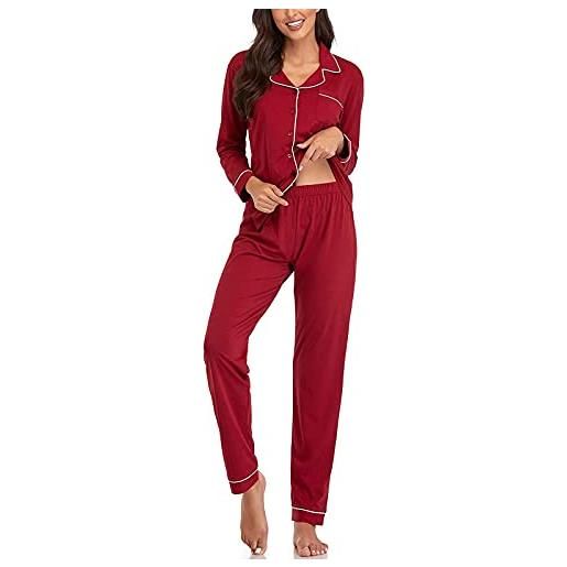 Generic pigiama a maniche lunghe in cotone con bottoni a maniche lunghe da donna in colore set da pigiama slim per la casa pigiama donna estivo allattamento pigiama morbido (red, l)