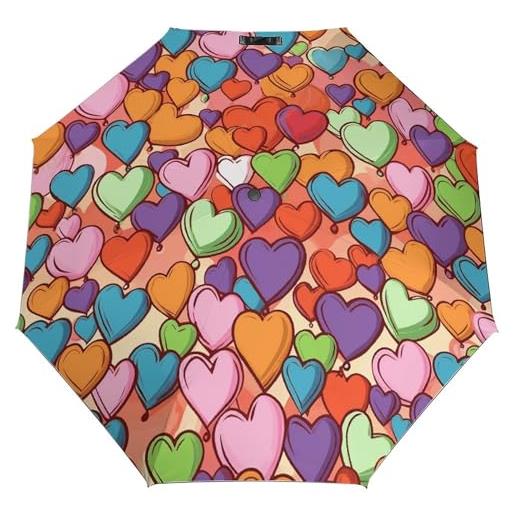 LFDSYEOQ ombrello pieghevole leggero con motivo a cuore colorato, ombrello da viaggio automatico con copertura, motivo a cuore colorato