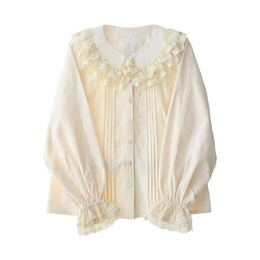 Cuteighteen lolita camicette a maniche lunghe da donna con colletto alla peter pan camicia vittoriana vintage pizzo elegante top con volant alla moda primavera, crema e beige. , l