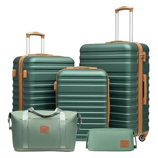 COOLIFE set valigie, valigia trolley set di 3 pezzi valige rigide per viaggiare con tsa serratura 1 borsa da viaggio e 1 trousse da toilette, albicocca/verde scuro, set da 5 pezzi