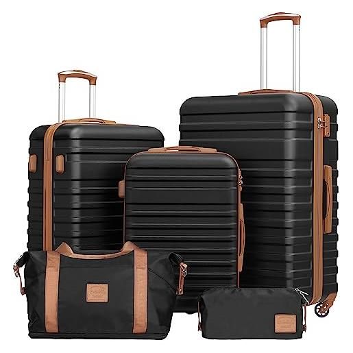 COOLIFE set valigie, valigia trolley set di 3 pezzi valige rigide per viaggiare con tsa serratura 1 borsa da viaggio e 1 trousse da toilette, albicocca/nero, set da 5 pezzi